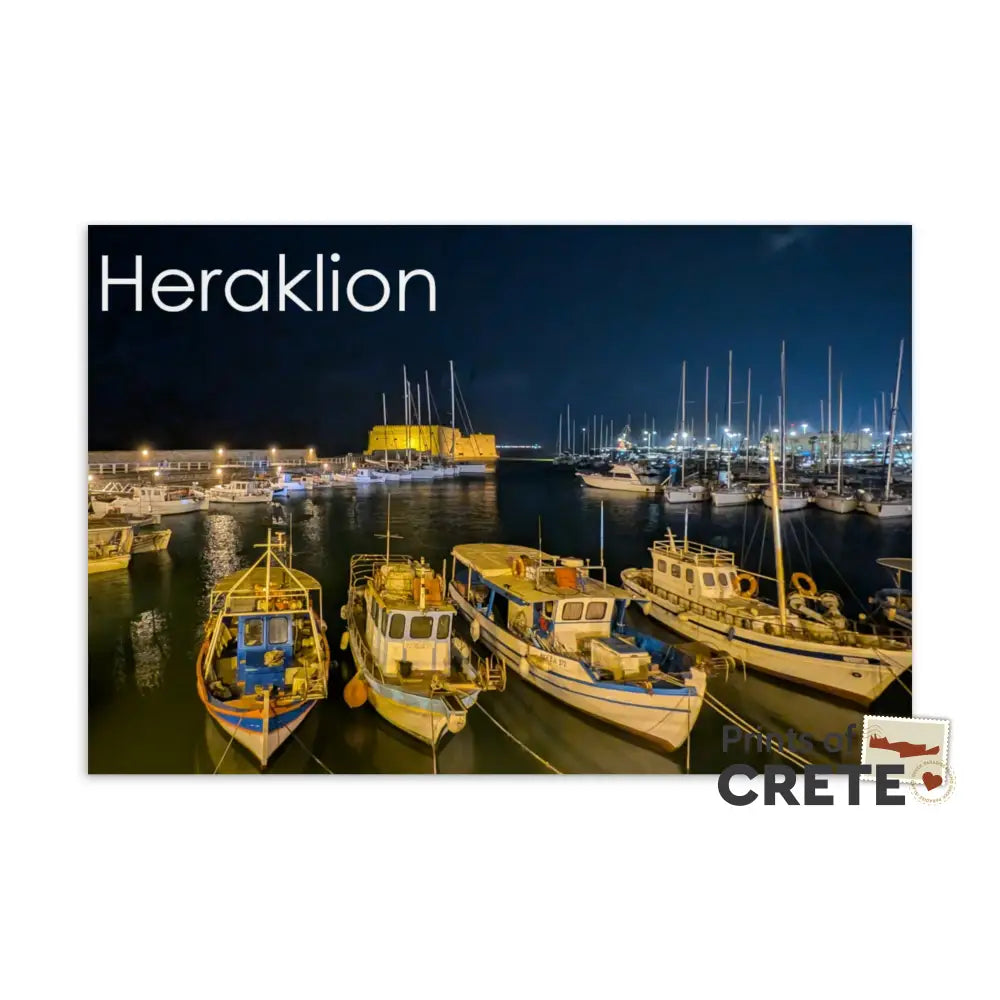 Heraklion Crete Greece Old Venetian Fishing Port Marina By Night Postcard 6X4’’