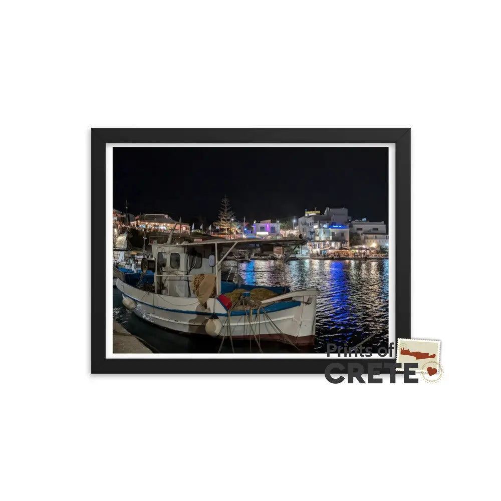 Sissi Crete Greece Night Harbour View Black Framed Print 12 X 16’’ Matte Finish